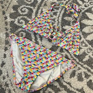 Shoshanna bikini, size M/L D (top) and XL (bottom), multicolor hearts, GUC!